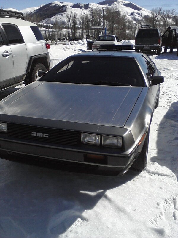DeLorean in snowy parking lot
