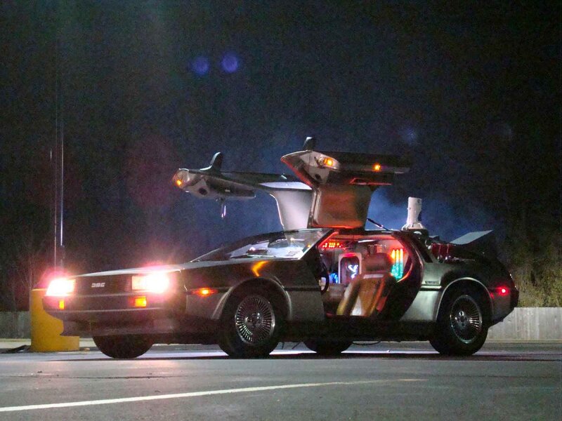 DeLorean time machine at night
