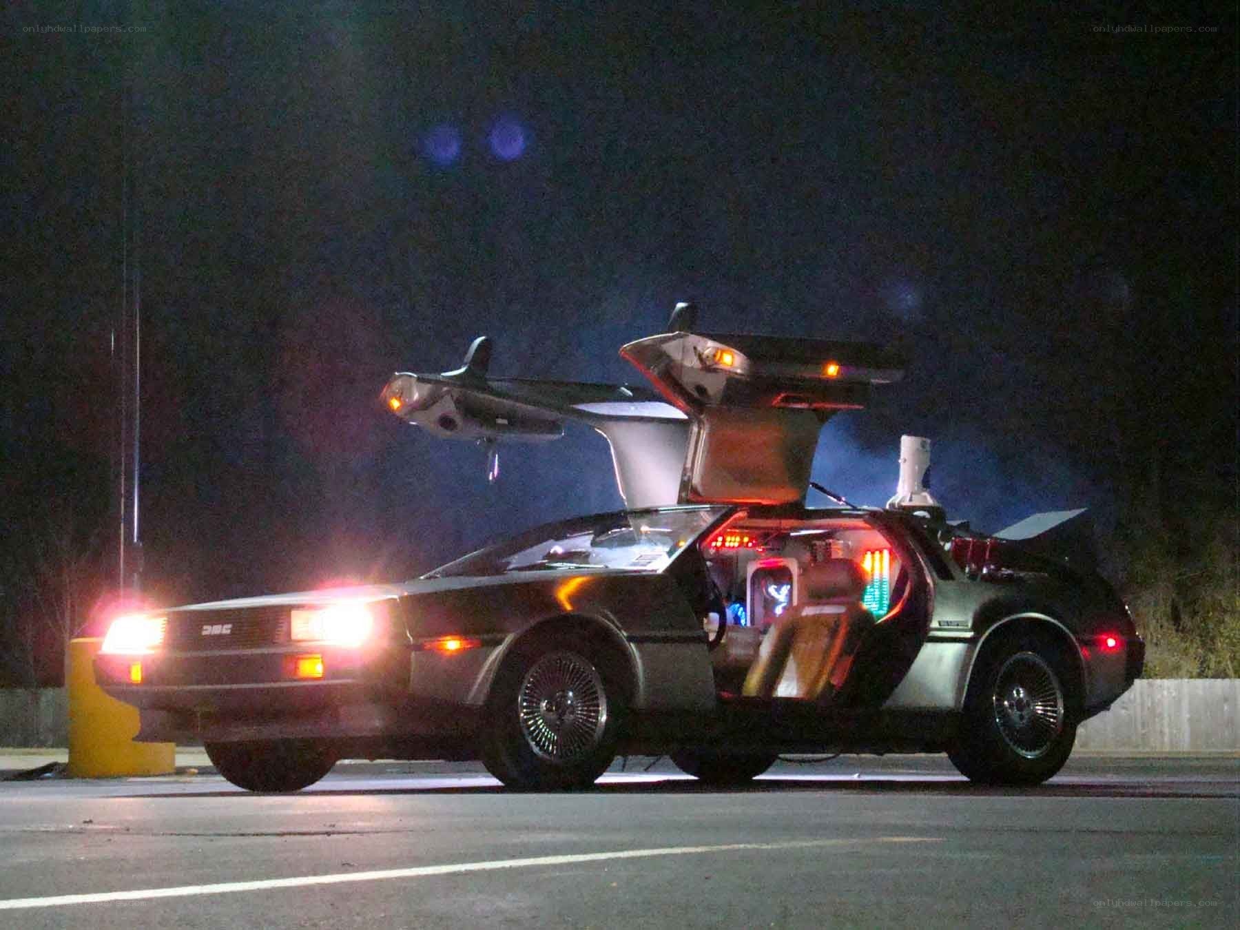 DeLorean time machine at night