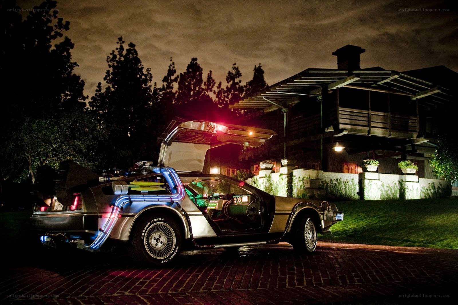 DeLorean time machine at night