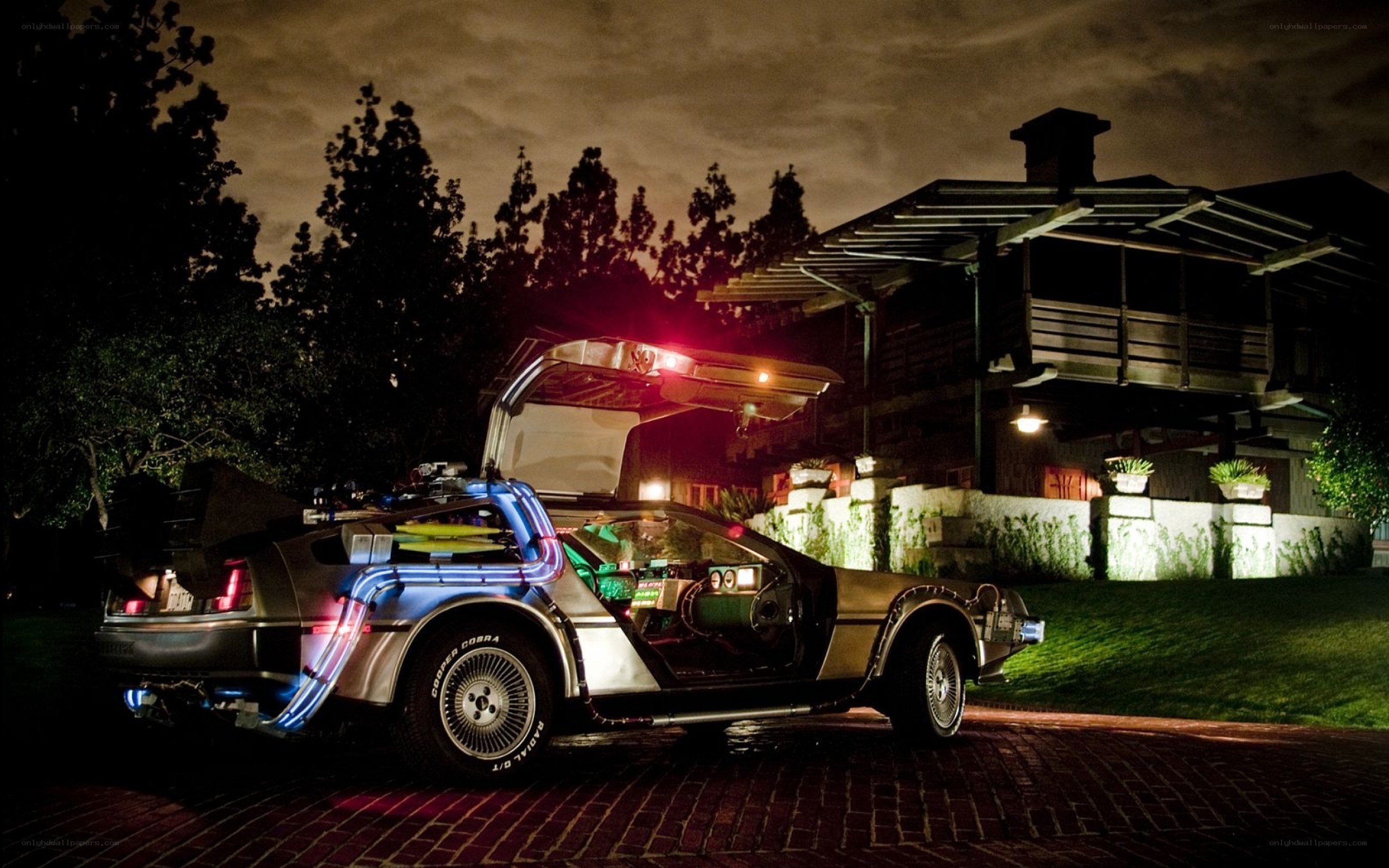 DeLorean time machine at night