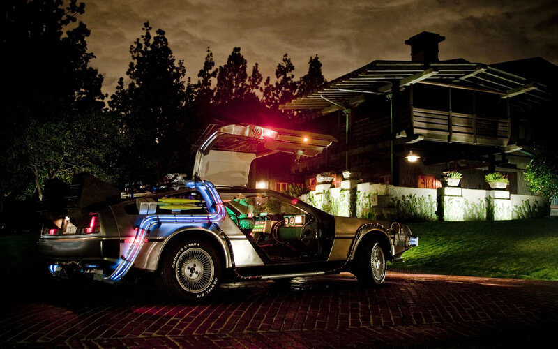 DeLorean time machine at night