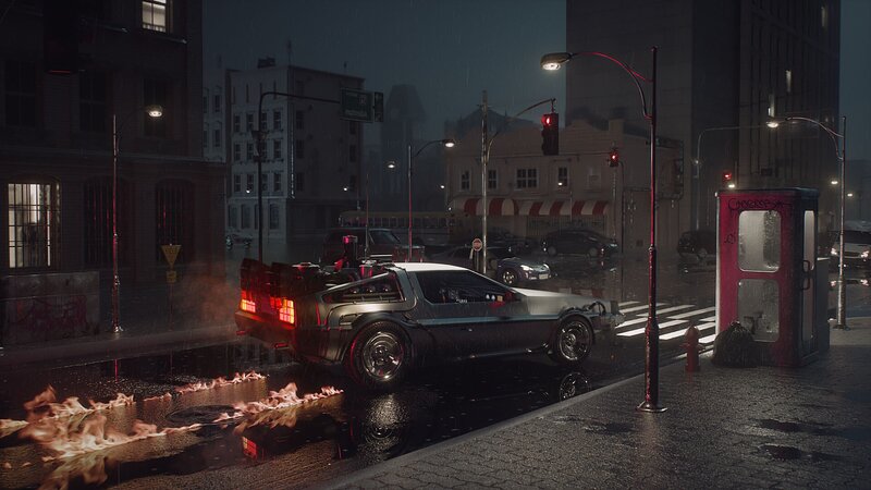 DeLorean Time Machine — Black, Dramatic, Night, 3d Render