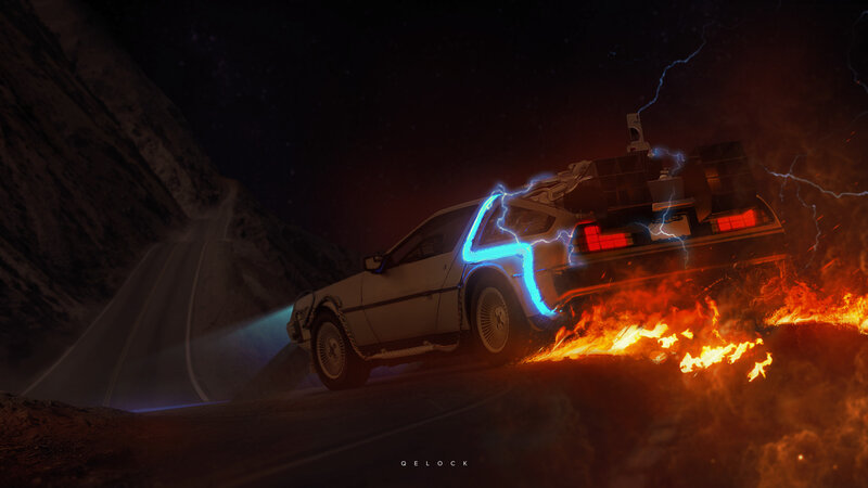 DeLorean Time Machine — Black, Dramatic, Night, Digital Art, Car, Fire, Lightning
