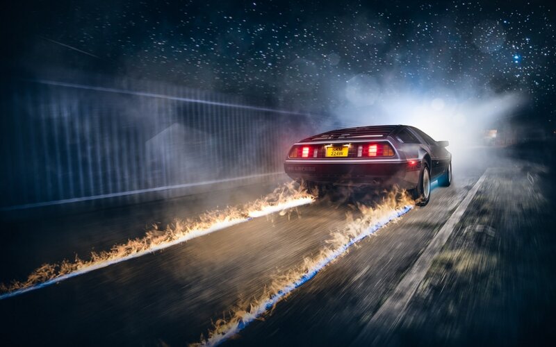 DeLorean Time Machine — Black, Dramatic, Night, Digital Art, Car, Fire