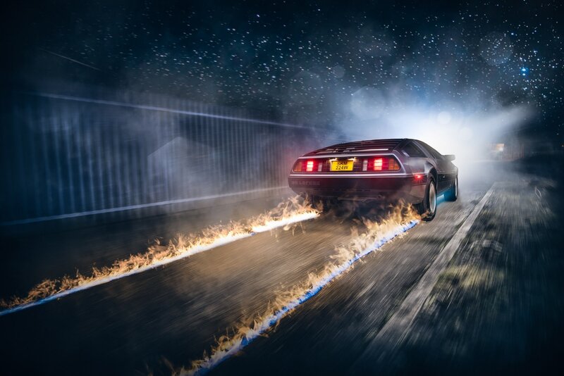 DeLorean Time Machine — Black, Dramatic, Night, Digital Art, Car