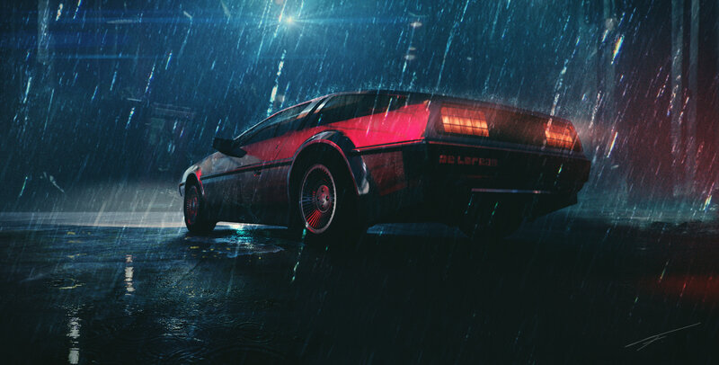 DeLorean Time Machine — Black, Dramatic, Night, Digital Art, Rain