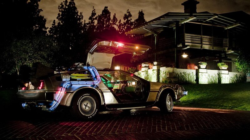 DeLorean Time Machine — Black, Dramatic, Night, Photograph, Car, House, Silver, Green