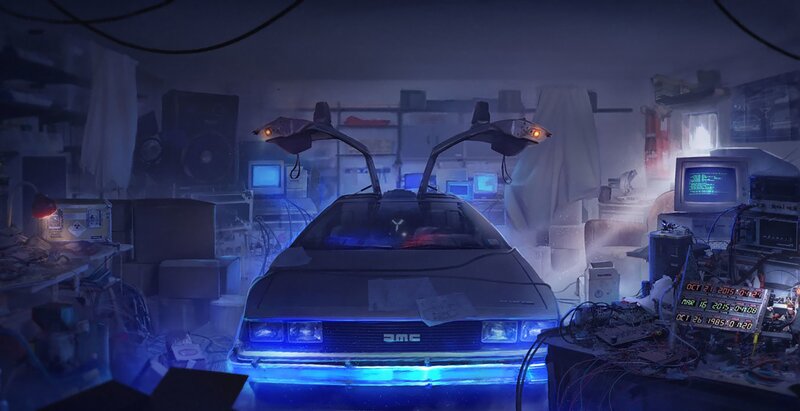DeLorean Time Machine — Blue, Dramatic, Night, Digital Art