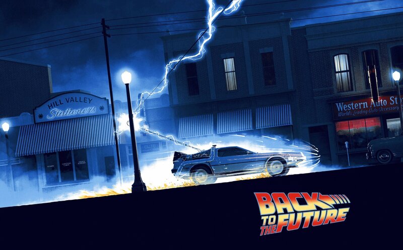 DeLorean Time Machine — Blue, Dramatic, Night, Illustration