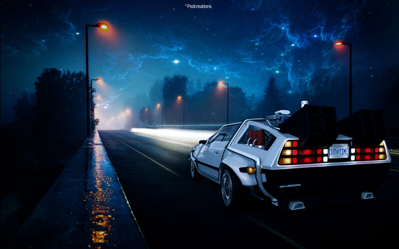 DeLorean Time Machine — Blue, Dramatic, Night