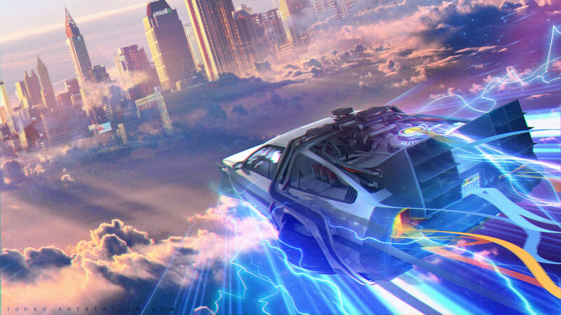 DeLorean Time Machine — Blue, Dramatic, Sunset, Digital Art