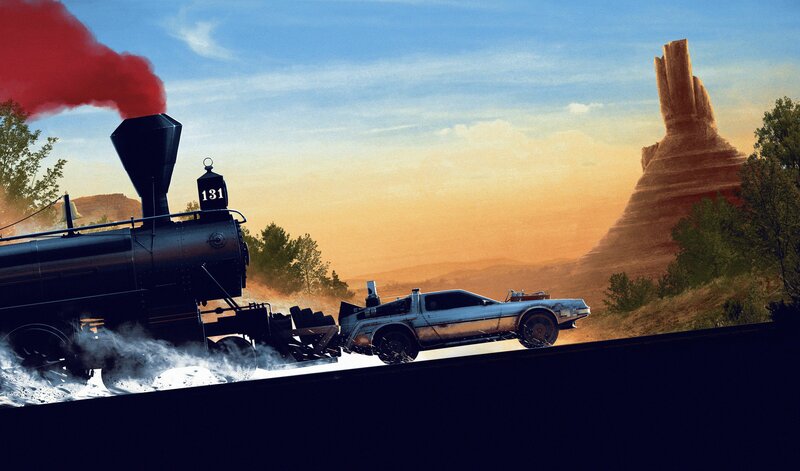 DeLorean Time Machine — Blue, Dramatic, Sunset, Digital Art, Train