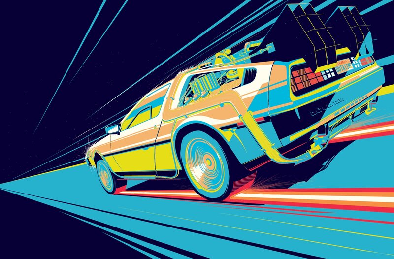 DeLorean Time Machine — Blue, Dynamic, Night