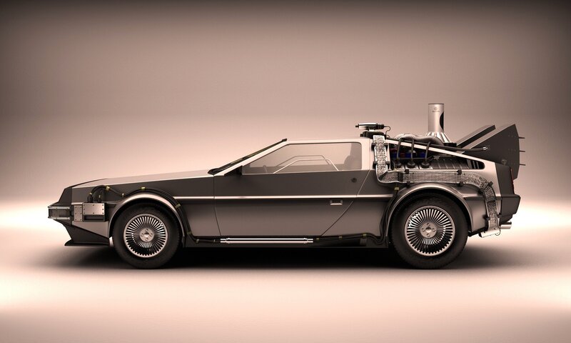 DeLorean Time Machine — Gray, Dramatic, 3d Render, Car, Time Machine, Flux Capacitor, Black, Silver