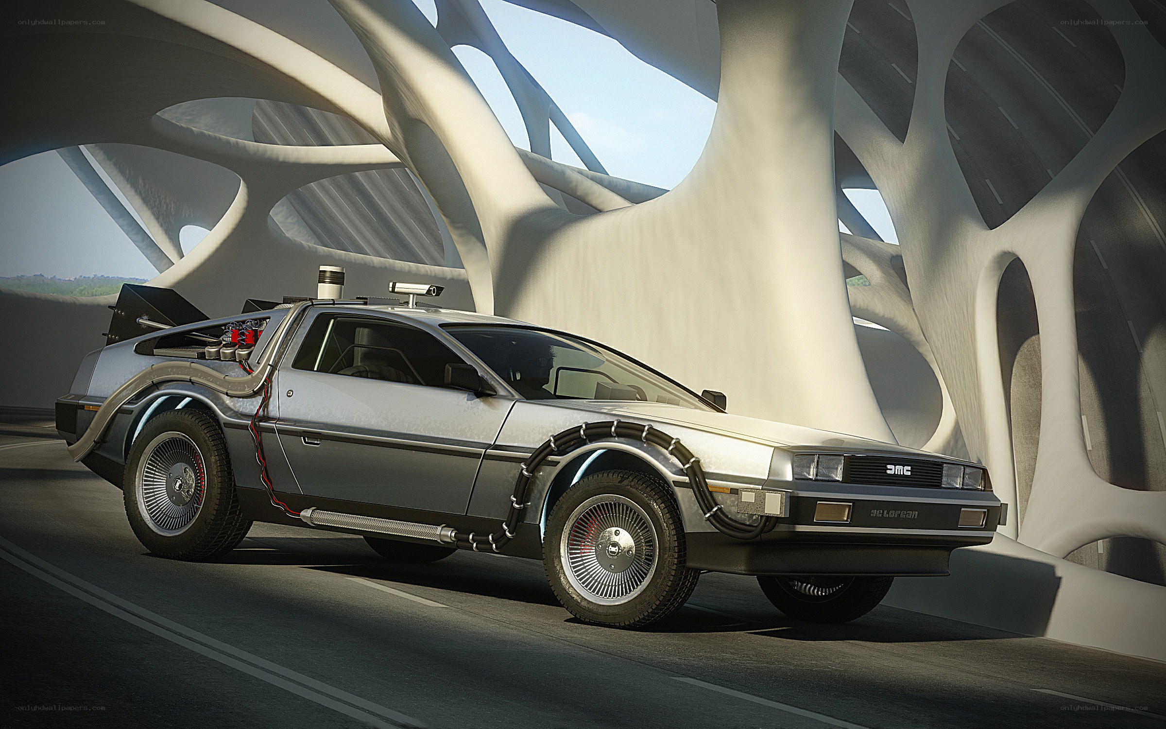 DeLorean time machine in futuristic tunnel