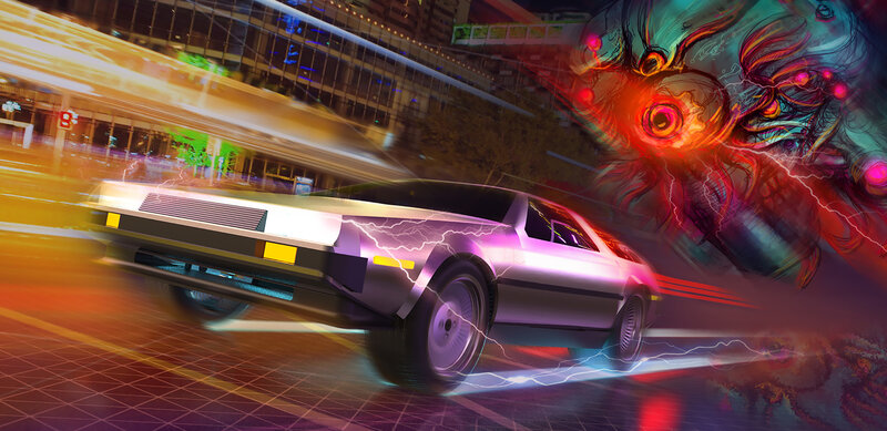 DeLorean Time Machine — Purple, Dramatic, Night