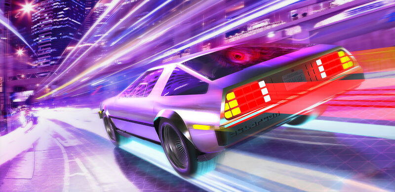 DeLorean Time Machine — Purple, Dynamic, Futuristic