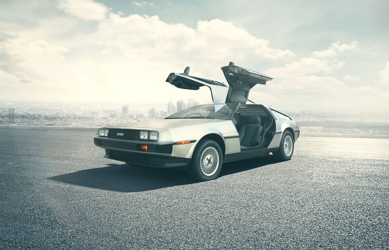 DeLorean Time Machine — Silver, Dramatic, Afternoon, Photograph, Car, Cityscape