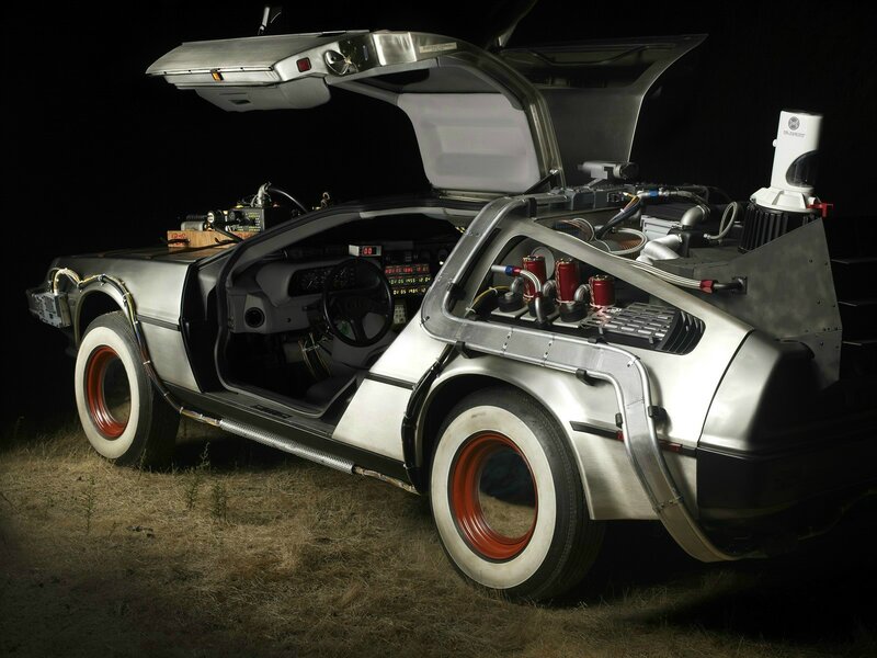 DeLorean Time Machine — Silver, Dramatic, Night, Photograph, Car, Open Doors, Exposed Engine