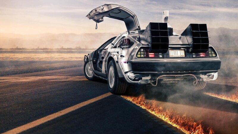 DeLorean Time Machine — Silver, Dramatic, Sunset, Digital Art, Car, Flames