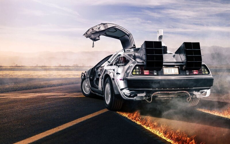 DeLorean Time Machine — Silver, Dramatic, Sunset, Digital Art