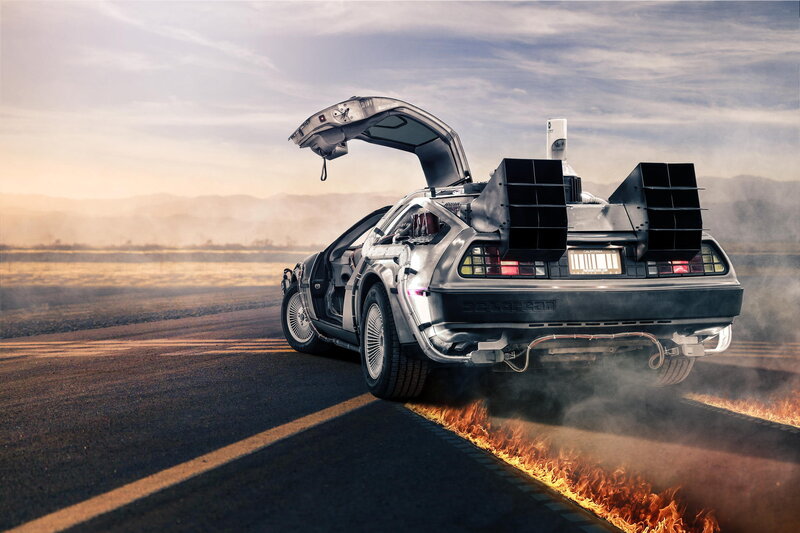 DeLorean Time Machine — Silver, Dramatic, Sunset