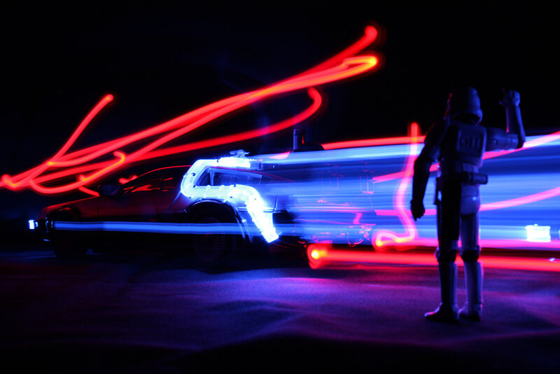DeLorean time machine with light trails