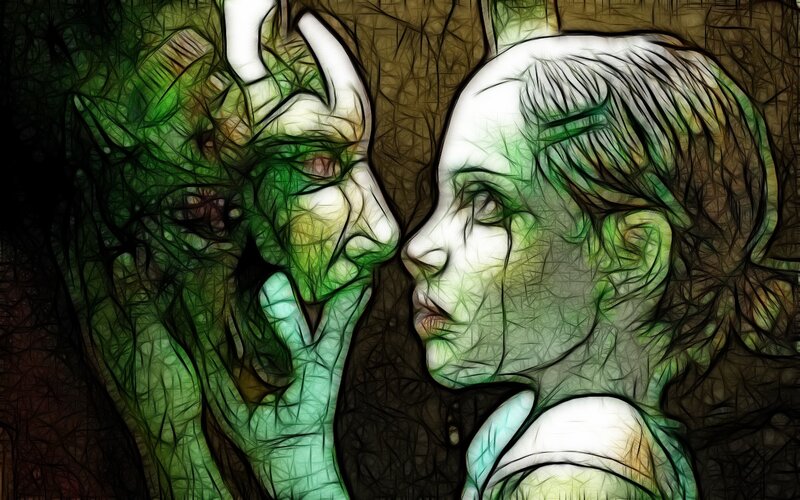 demon and girl face to face