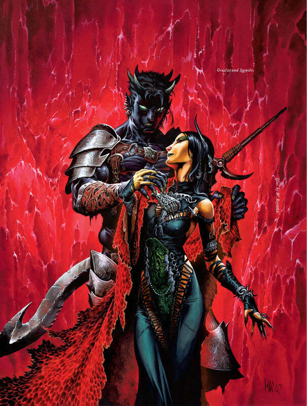 Demon and sorceress in red cavern