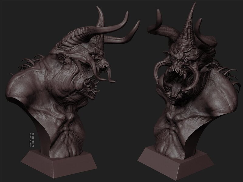 Demon Bust Sculpture — Gray