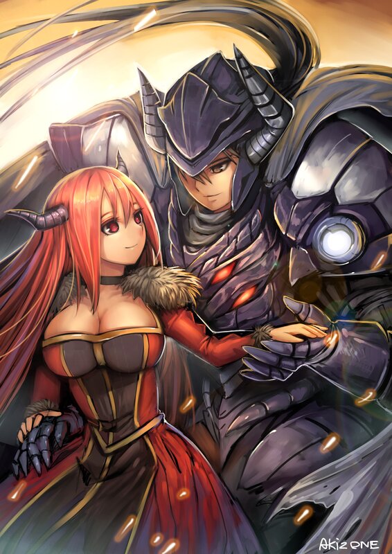 Demon couple embrace
