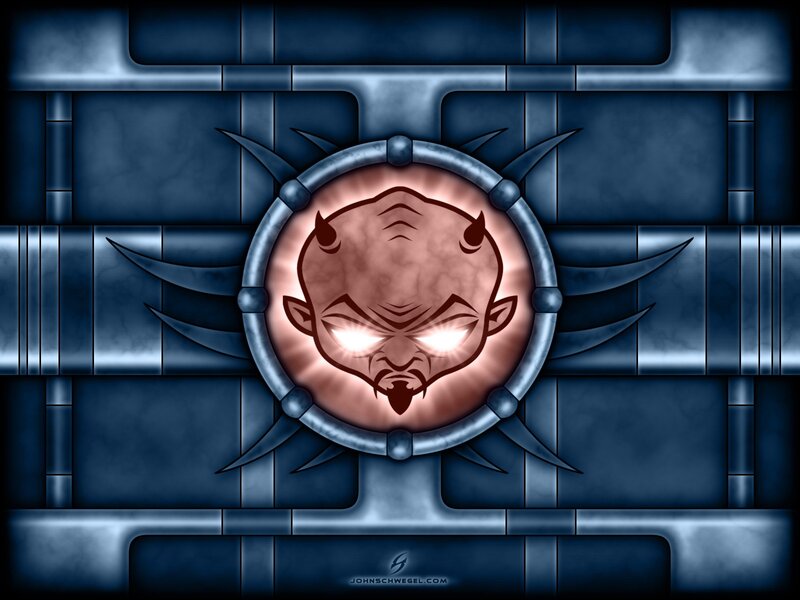 demon face in metal emblem