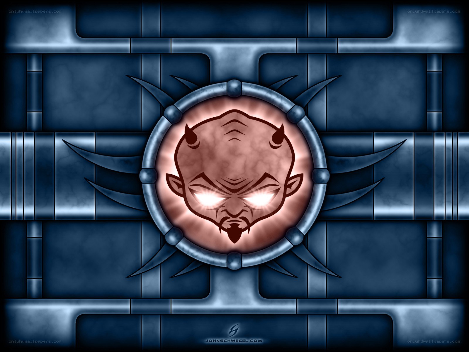 demon face in metal emblem