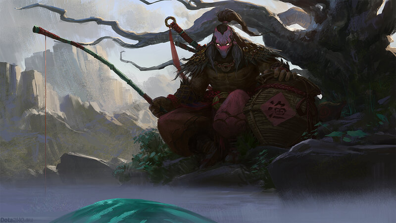 Demon fisherman in mountain landscape