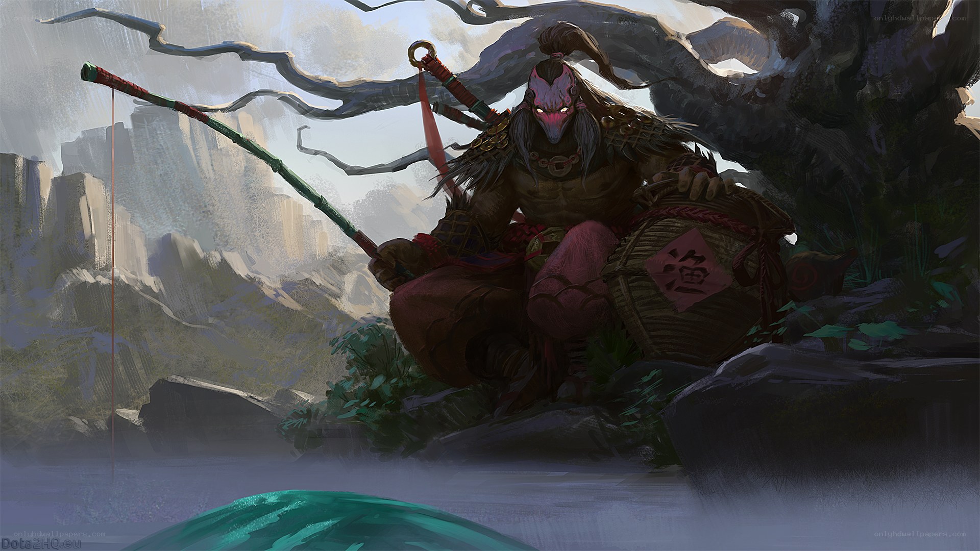 Demon fisherman in mountain landscape