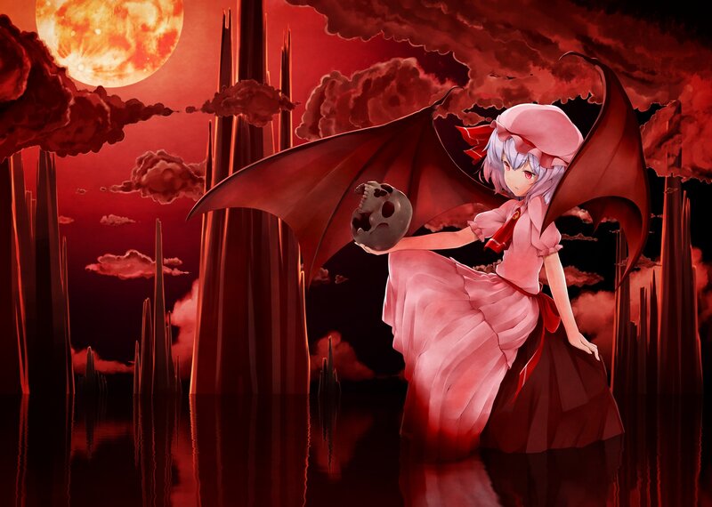 Demon girl with skull in red landscape
