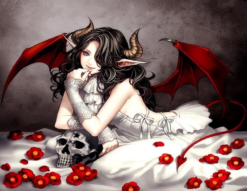 Demon Girl with Wings — White, Dark