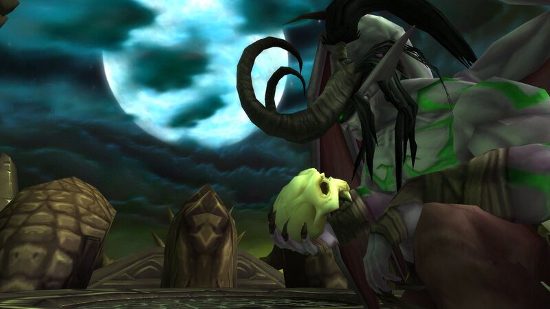 demon holding skull under moon