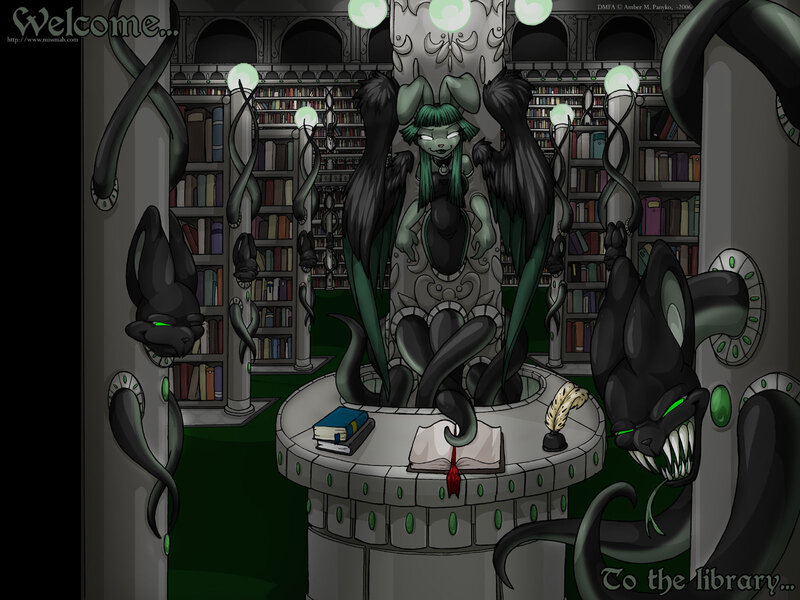 Demon librarian in a gothic library