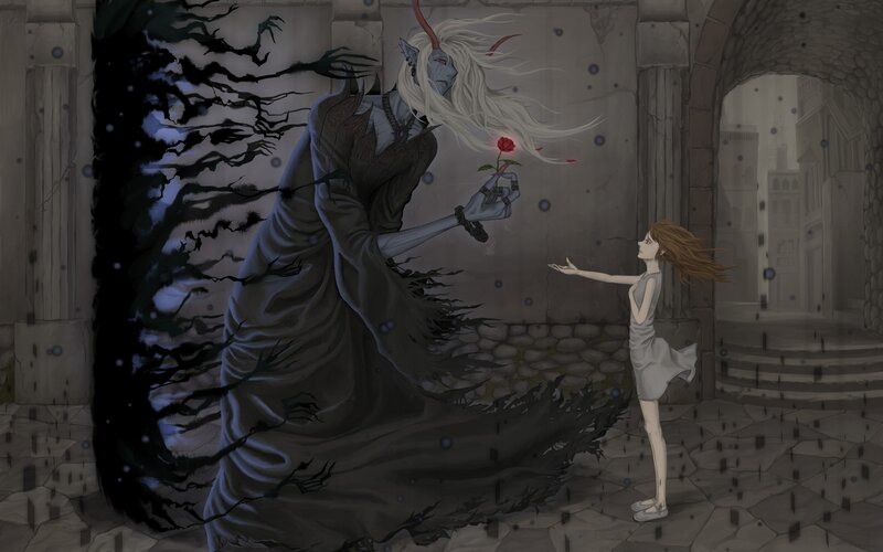 Demon offers rose to girl
