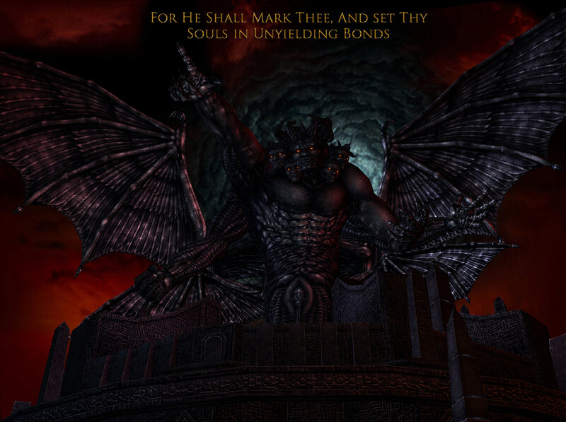demon statue in hellish landscape