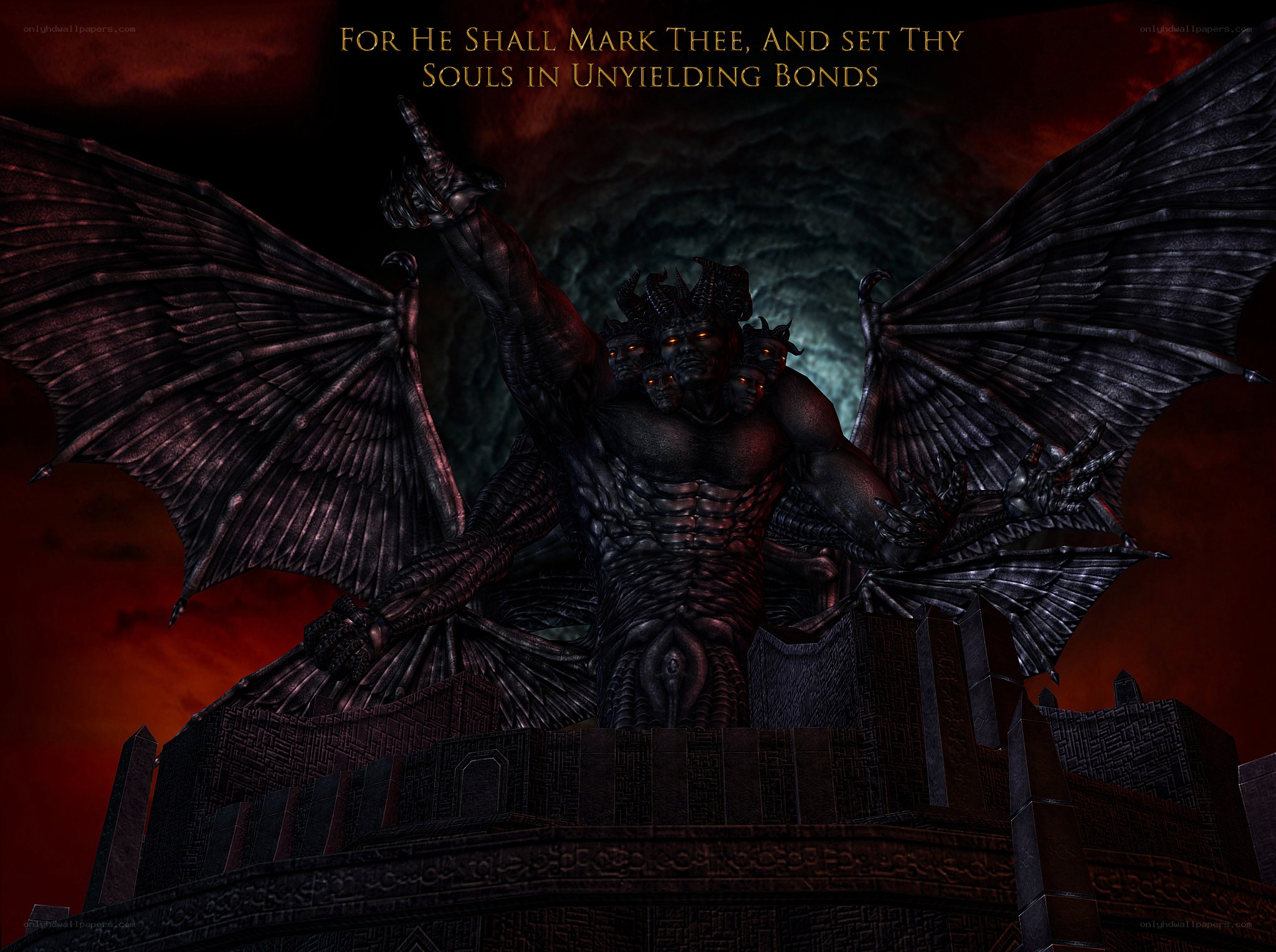 demon statue in hellish landscape