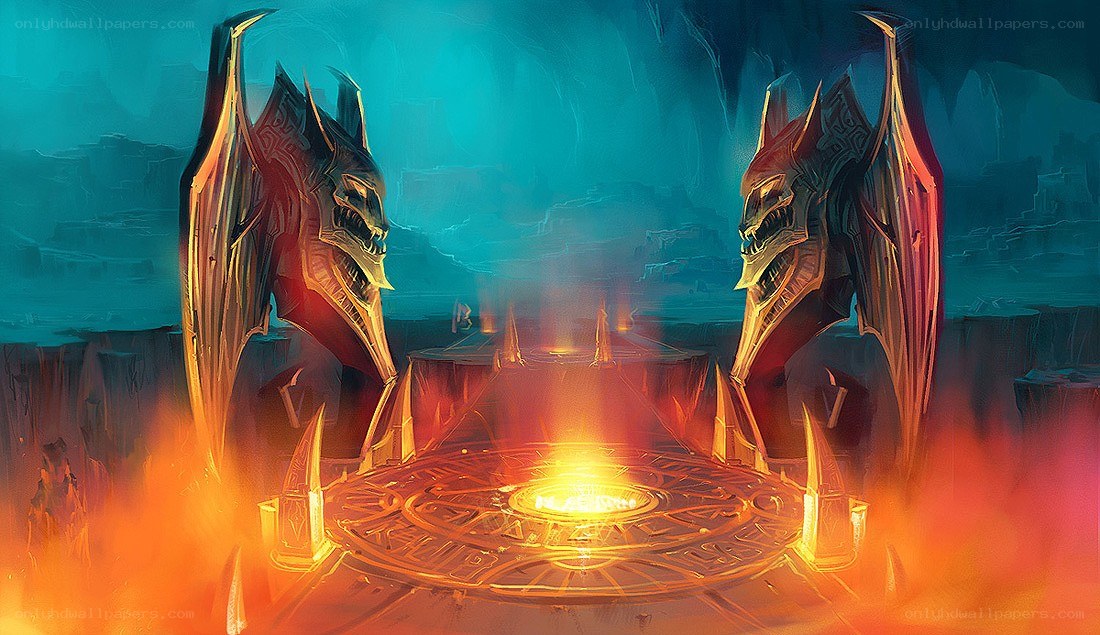 demon statues in a fiery chamber