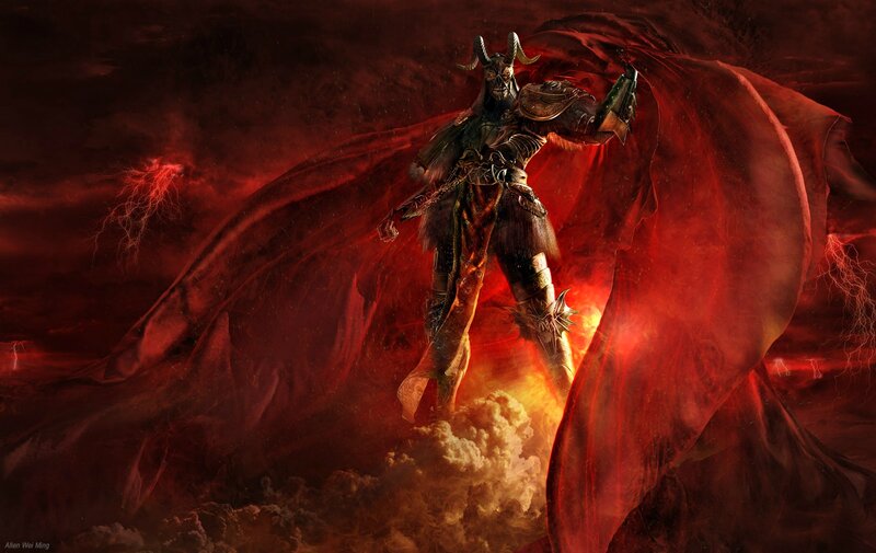 Demon Warrior with Red Cape — Dramatic, Digital Art