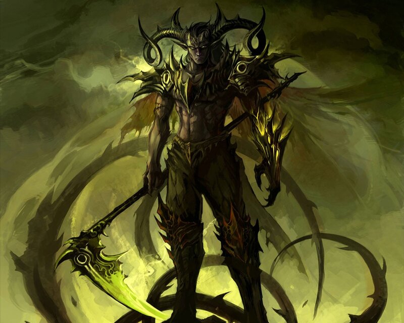 Demon Warrior with Scythe — Green, Dark, Digital Art