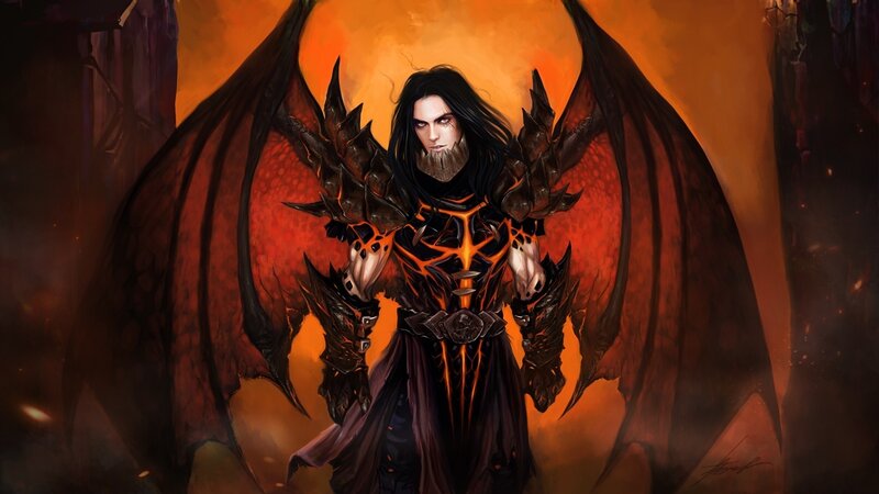 Demon Warrior with Wings — Orange, Dramatic, Digital Art