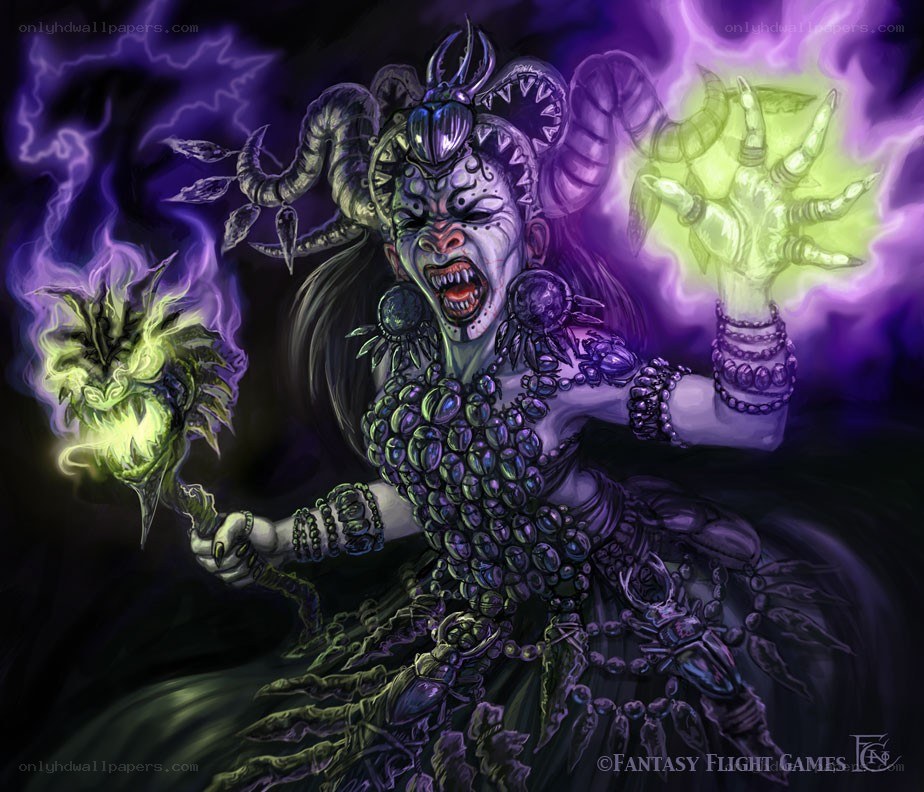 demon witch with glowing staff