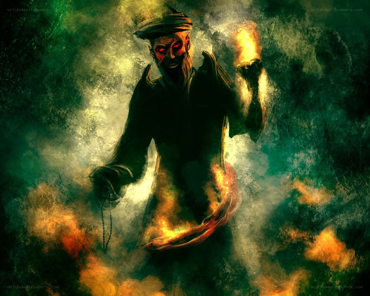 demon with fiery staff