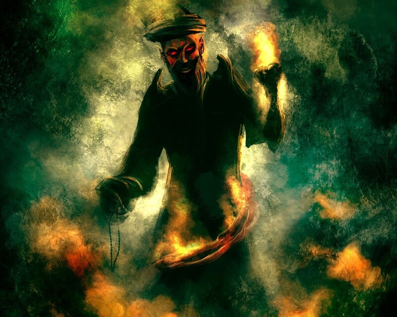 demon with fiery staff